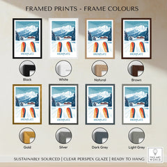 Kronplatz ski resort travel poster in eight frame color options, featuring snowy mountain landscape with skis and chalets.
