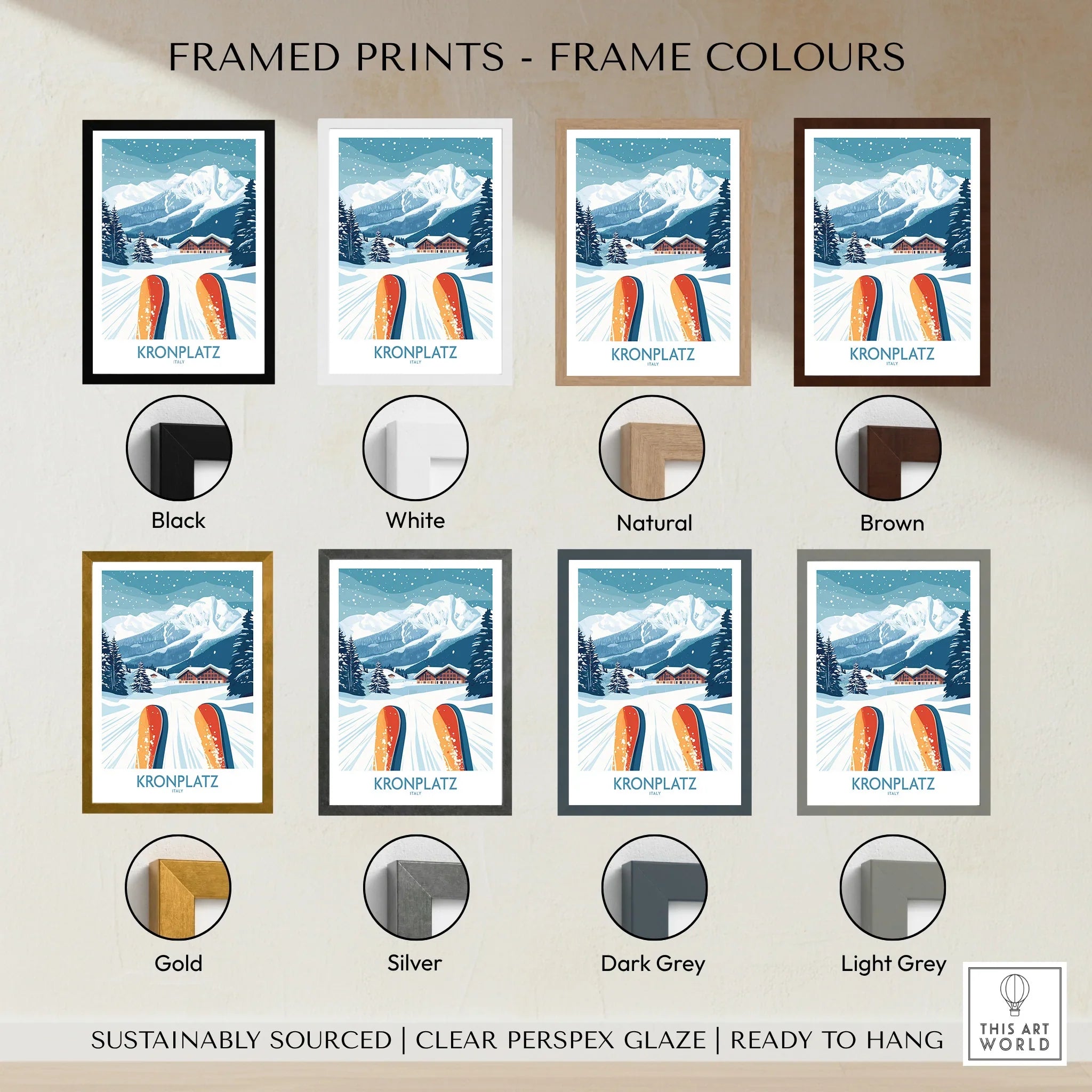 Kronplatz ski resort travel poster in eight frame color options, featuring snowy mountain landscape with skis and chalets.