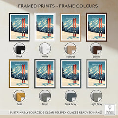 Travel poster print of snowy Kronplatz mountains with skis, shown in 8 frame color options