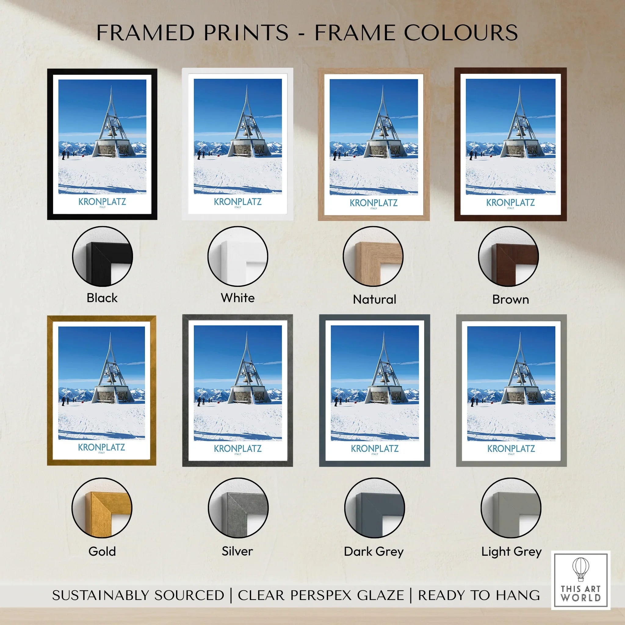Framed Kronplatz travel print showing snowy mountain scene with eight frame color options.
