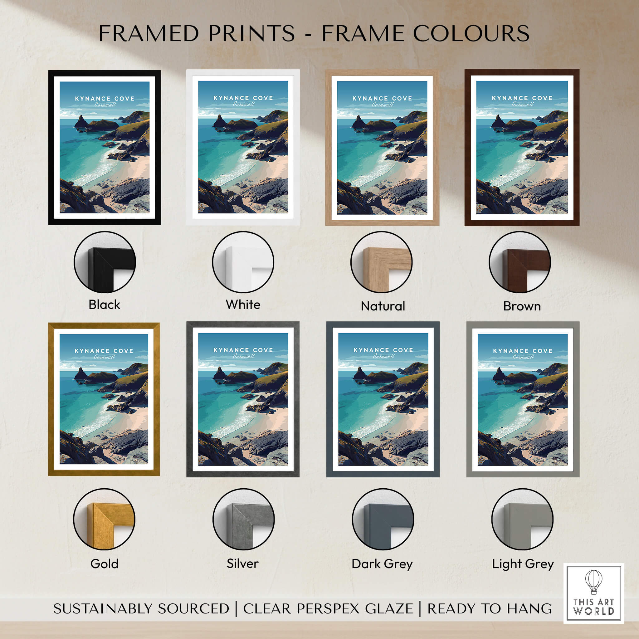 Kynance Cove Cornwall Wall Art Print | British Coastline Landscape Travel Poster with framed colour options