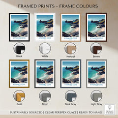 Kynance Cove Cornwall Poster | Scenic Sea Cliffs & Beach Canvas Print framed print options in various colors.