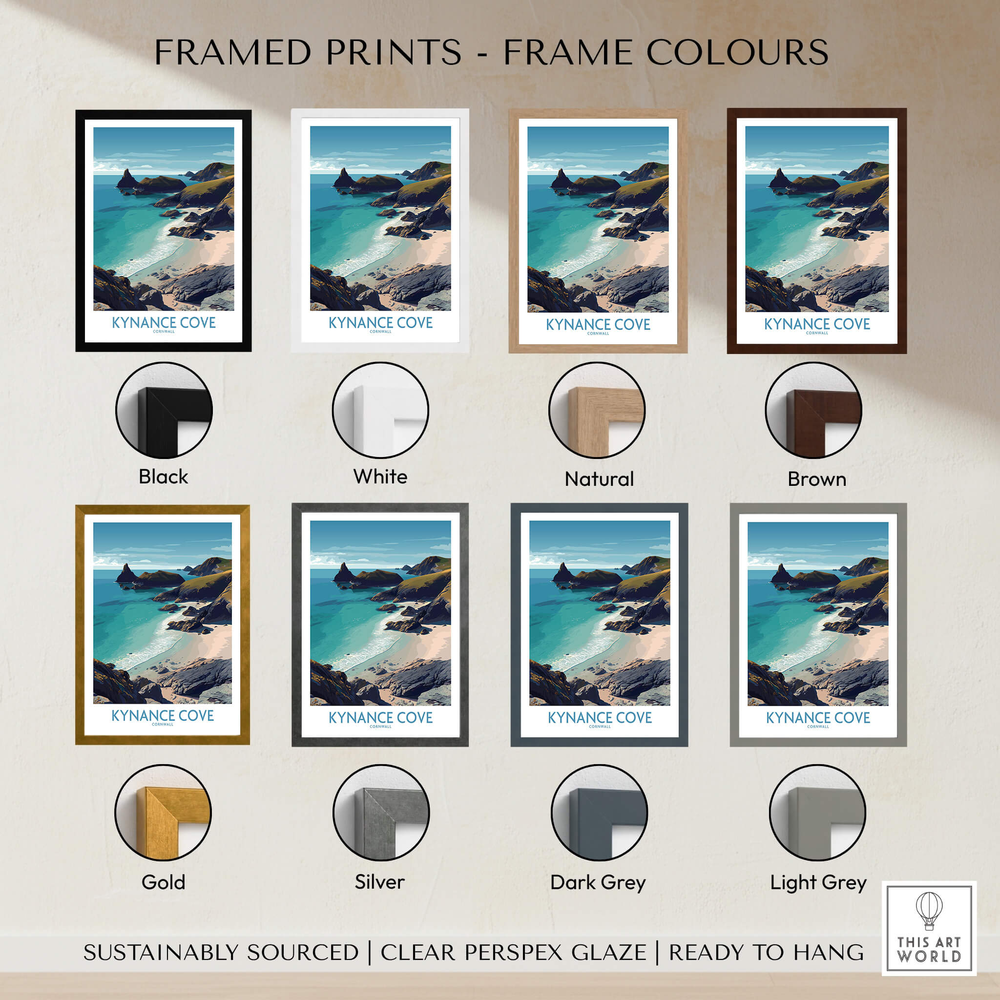 Kynance Cove Cornwall Poster | Scenic Sea Cliffs & Beach Canvas Print framed print options in various colors.