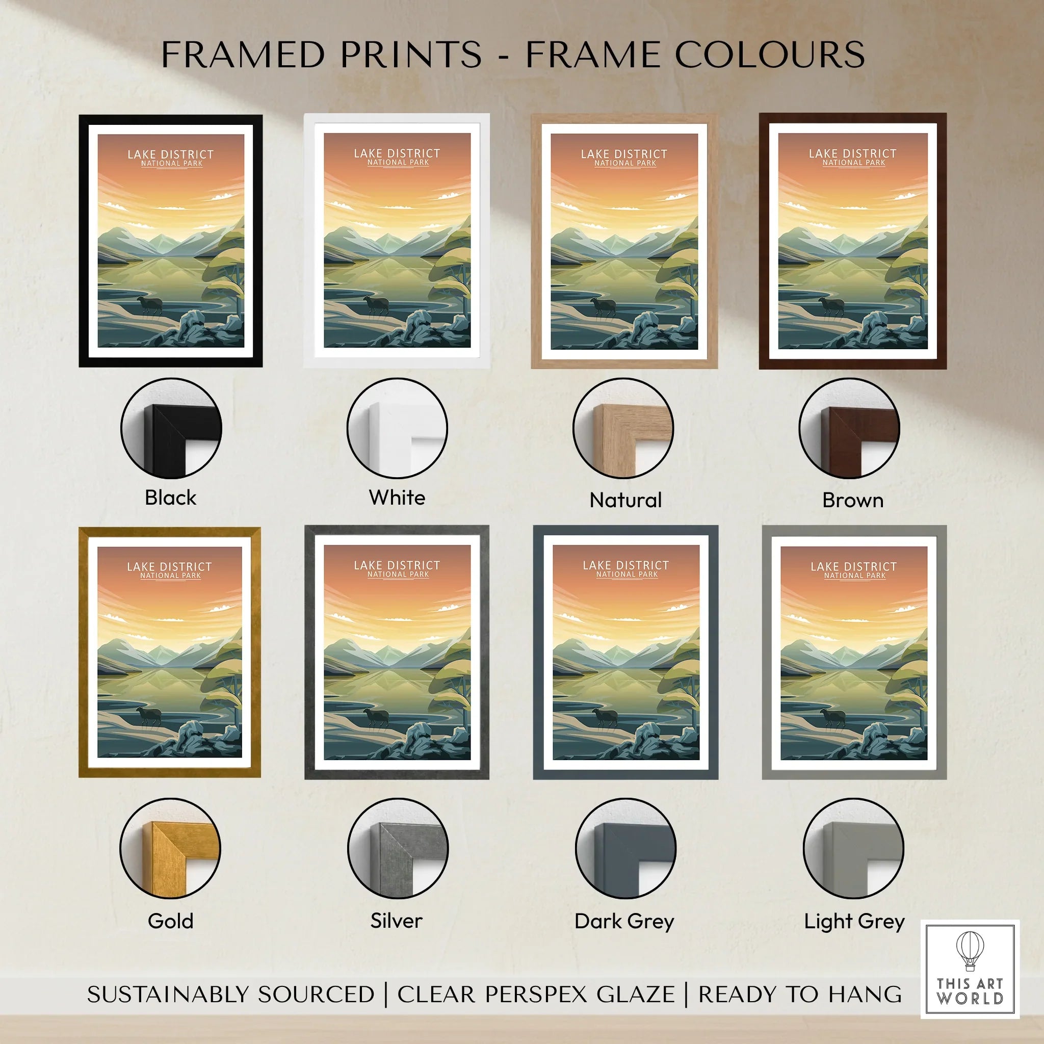 Lake District National Park travel poster framed print in eight color options, wall art display