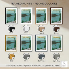 Lake Tahoe travel poster framed print, eight frame color options, illustrated landscape art