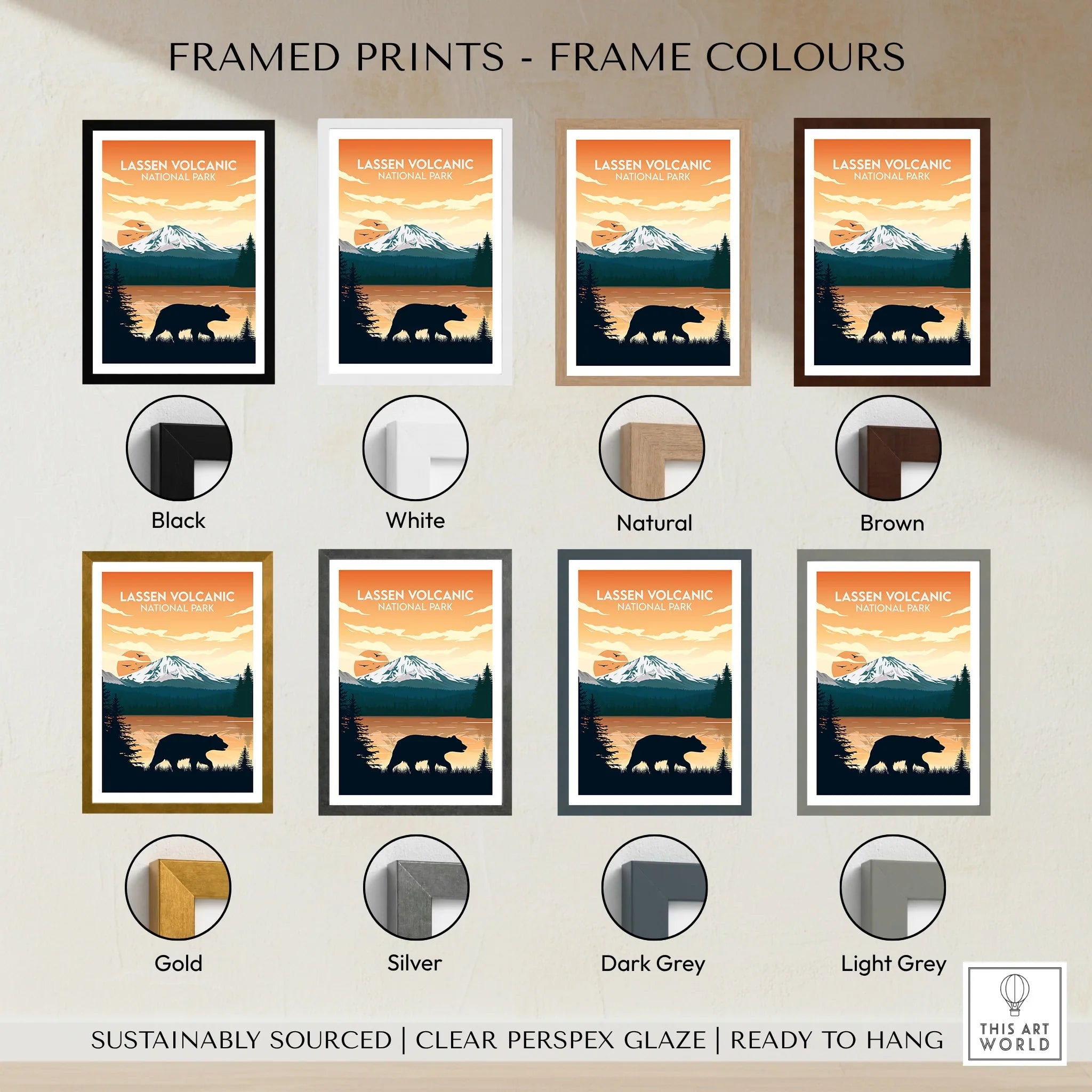Lassen Volcanic National Park travel poster print in eight frame color options, mountain and bear art