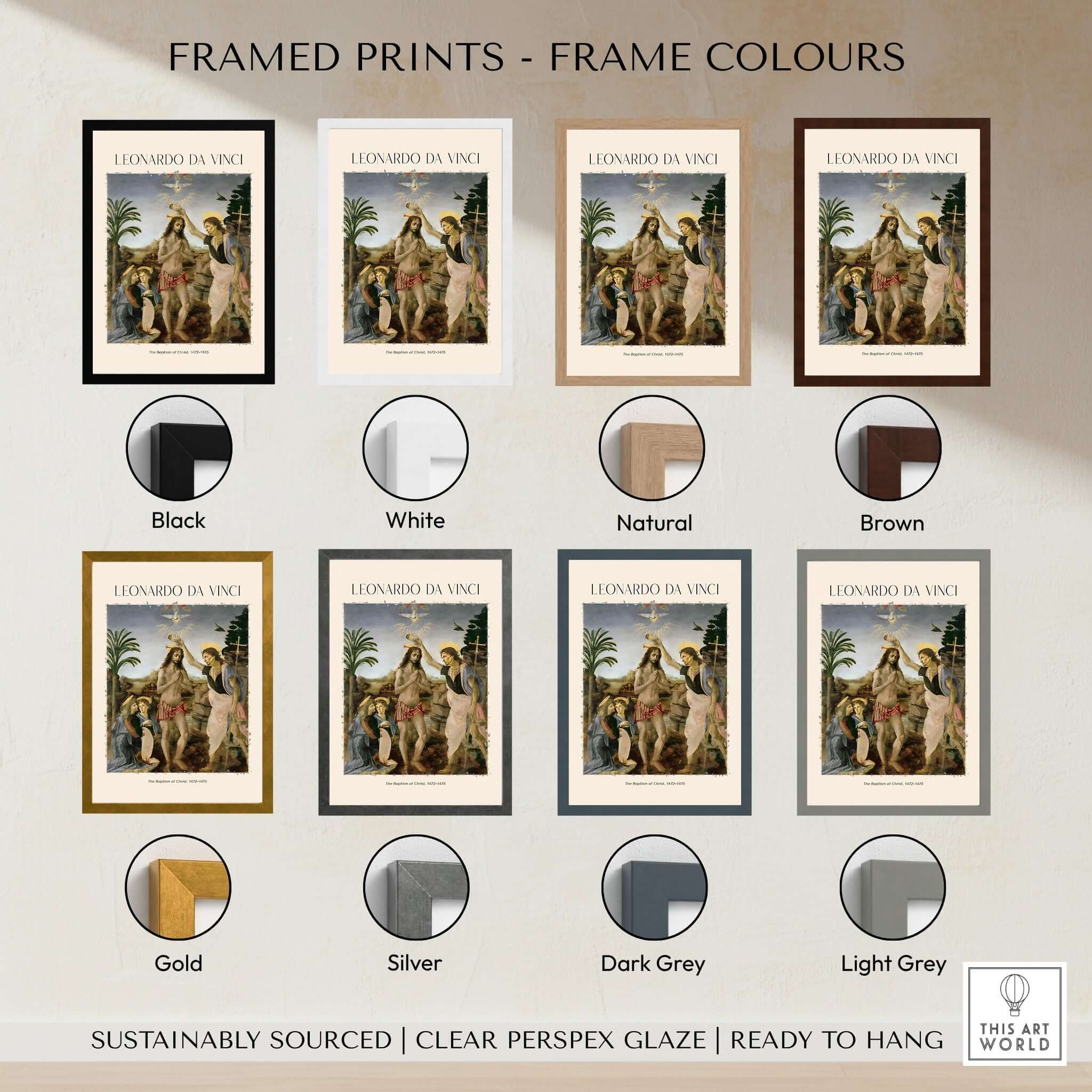 Framed prints of Leonardo da Vinci Art Print The Baptism of Christ 1470s showcasing various frame colors.