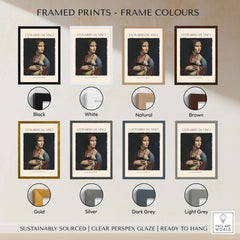 Framed prints of Leonardo da Vinci Art Print - Lady with an Ermine 1490 Cecilia Gallerani Portrait Art Print in various colors.