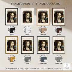 Framed prints of Leonardo da Vinci Art Print - Ginevra de Benci c1474 in various frame colors including black, white, gold, and more.