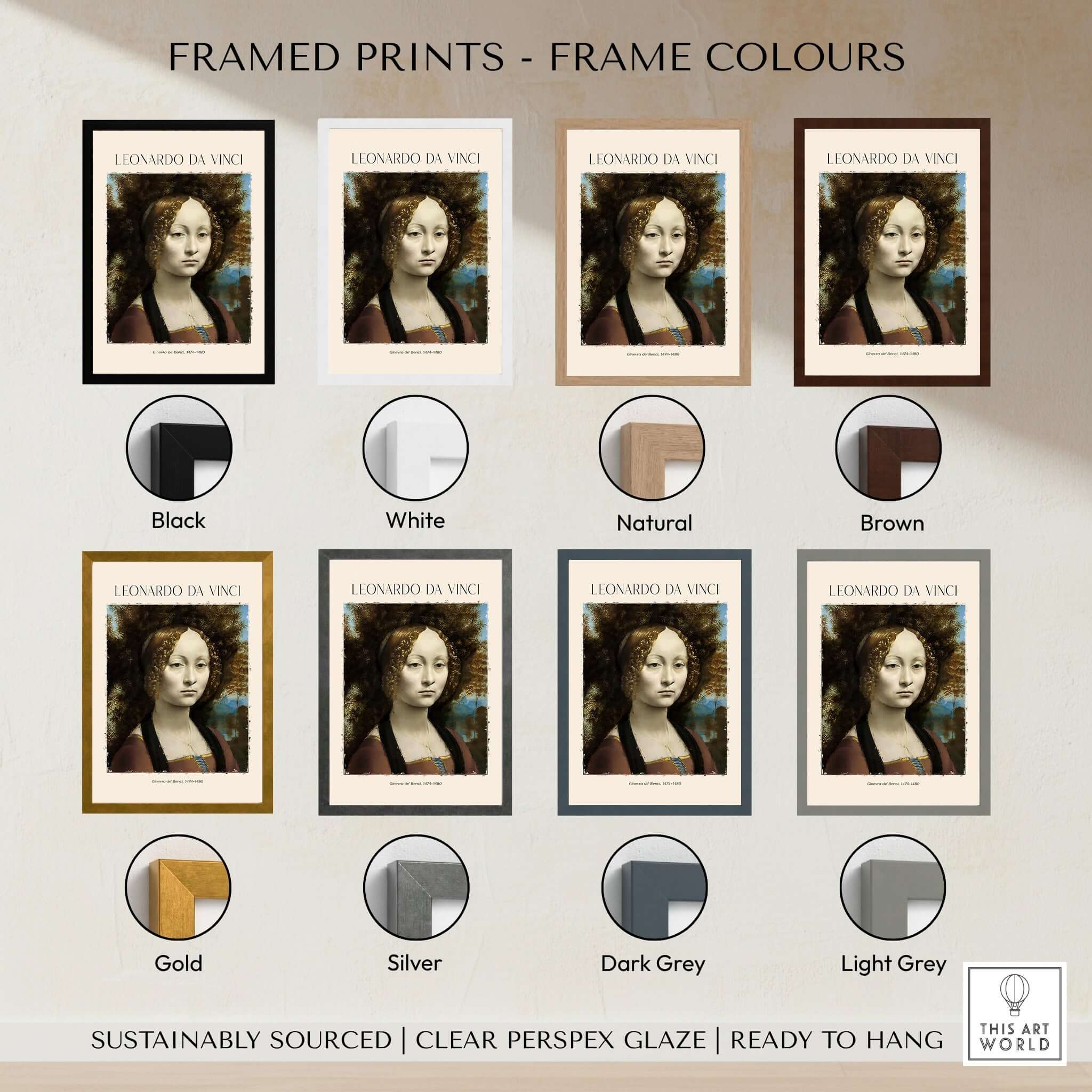 Framed prints of Leonardo da Vinci Art Print - Ginevra de Benci c1474 in various frame colors including black, white, gold, and more.
