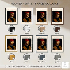 Framed prints of Leonardo da Vinci Art Print - Portrait of a Musician 1480s Early Male Portrait Art Print in various frame colors.