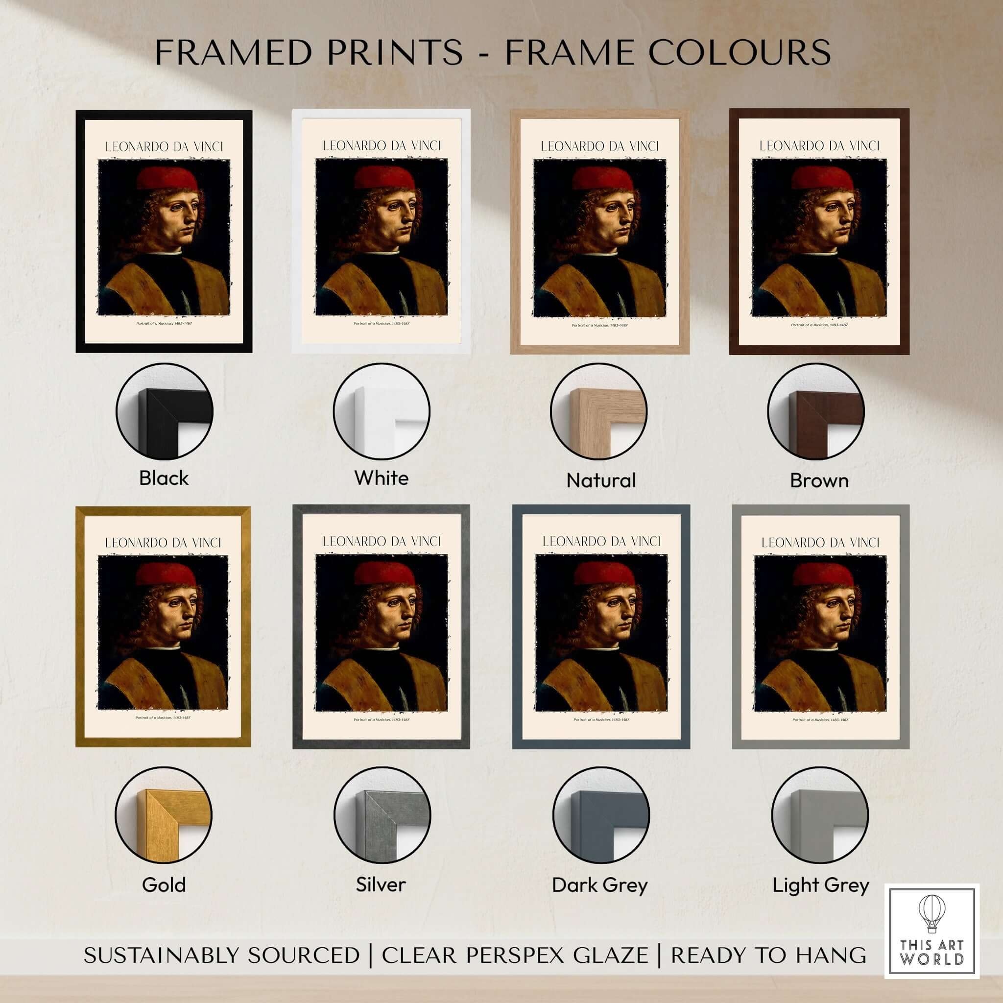 Framed prints of Leonardo da Vinci Art Print - Portrait of a Musician 1480s Early Male Portrait Art Print in various frame colors.