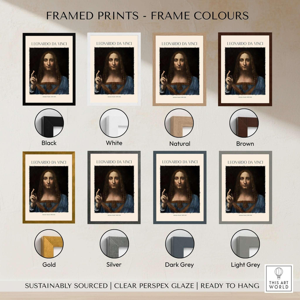 Framed prints in various colors featuring Leonardo da Vinci Salvator Mundi c1500 Portrait of Christ Art Print Poster