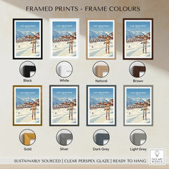 Framed Les Menuires ski resort art print in eight frame color options, wall decor.
