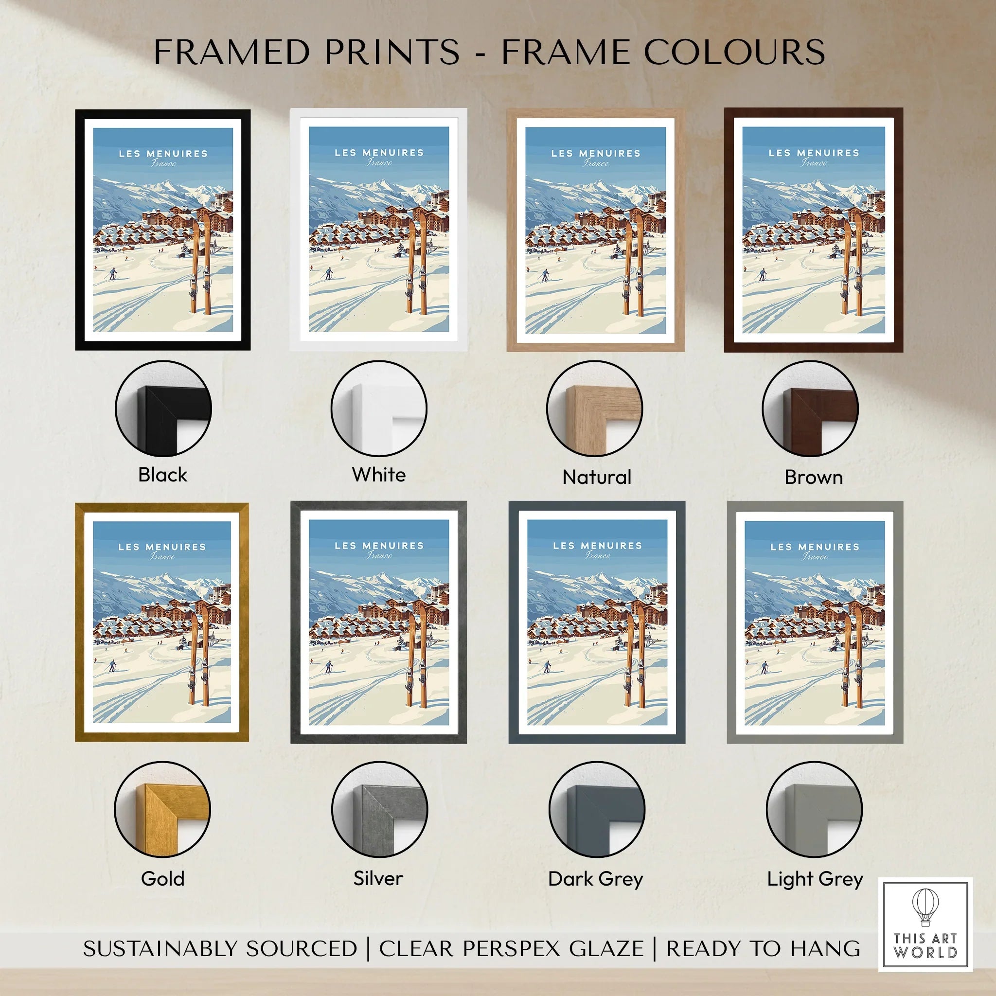 Framed Les Menuires ski resort art print in eight frame color options, wall decor.