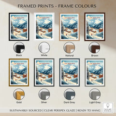 Les Menuires travel print with mountain ski scene shown in eight frame color options including black, white, natural, brown, gold, silver, dark grey, and light grey.
