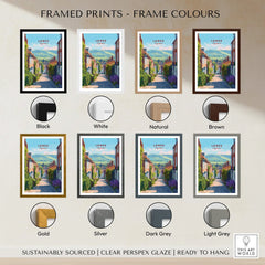 Lewes travel poster art print shown in eight frame colour options including black, white, natural, brown, gold, silver, dark grey, and light grey.
