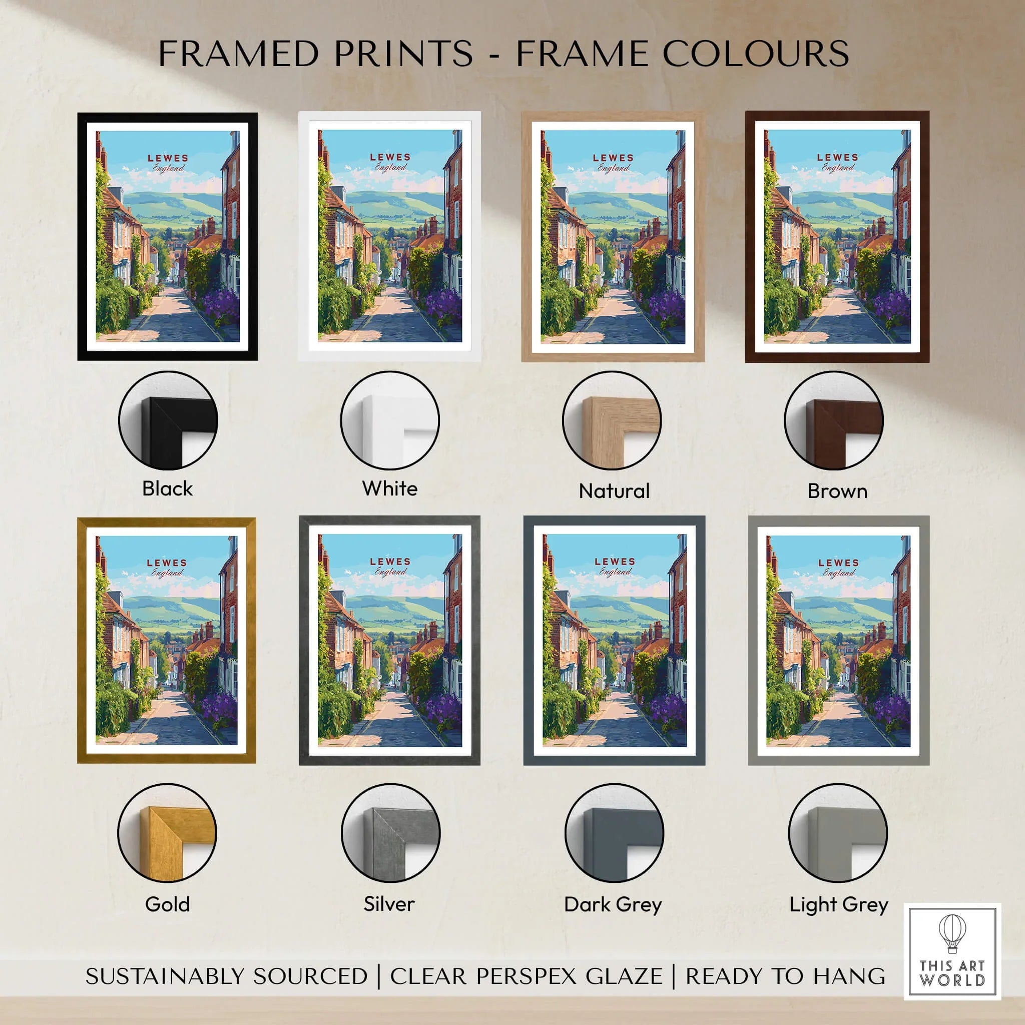 Lewes travel poster art print shown in eight frame colour options including black, white, natural, brown, gold, silver, dark grey, and light grey.