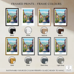 Lewes travel poster framed print with eight frame color options including black, white, natural, brown, gold, silver, dark grey, and light grey.
