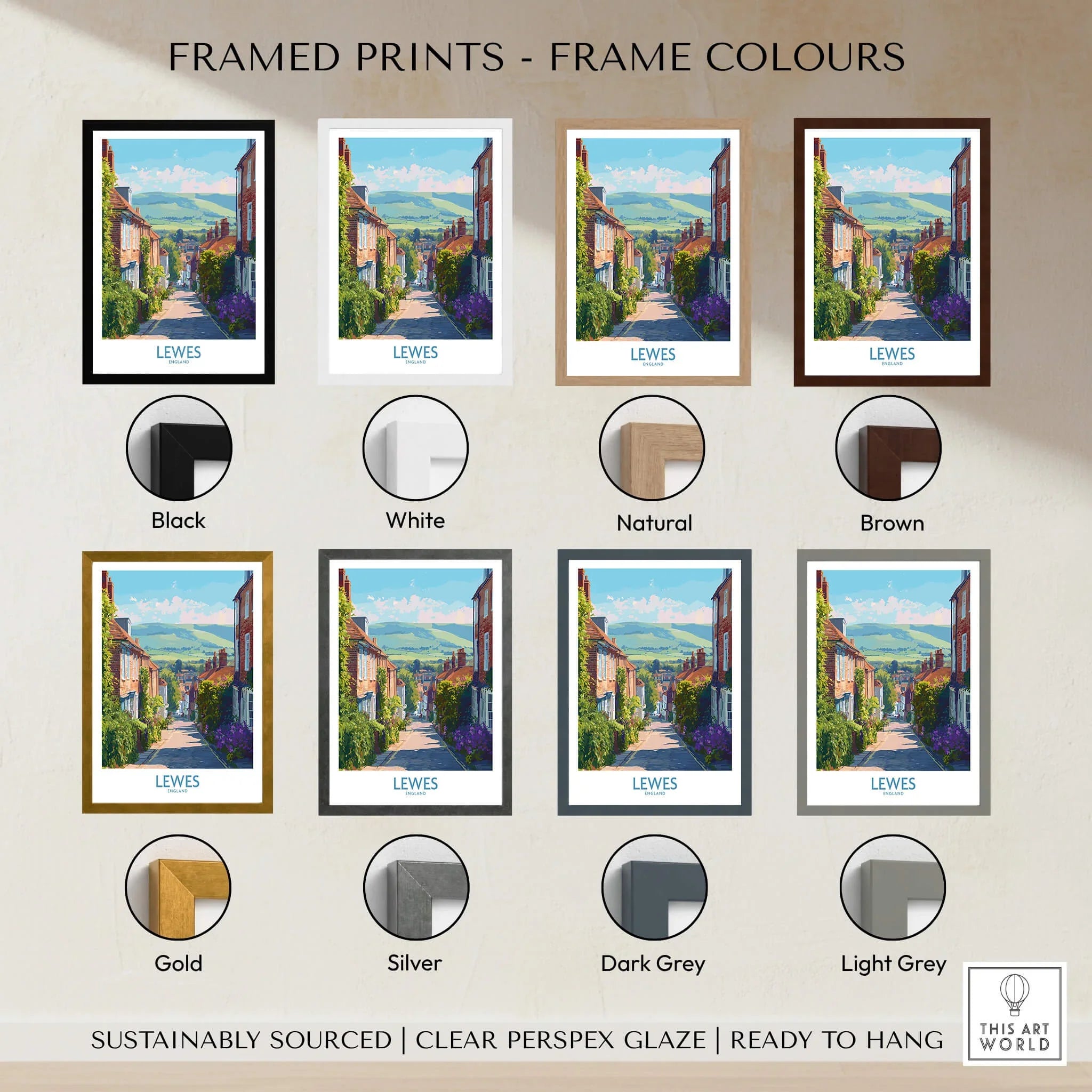 Lewes travel poster framed print with eight frame color options including black, white, natural, brown, gold, silver, dark grey, and light grey.