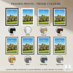 Lewes England travel poster print with eight different frame color options displayed on a wall.