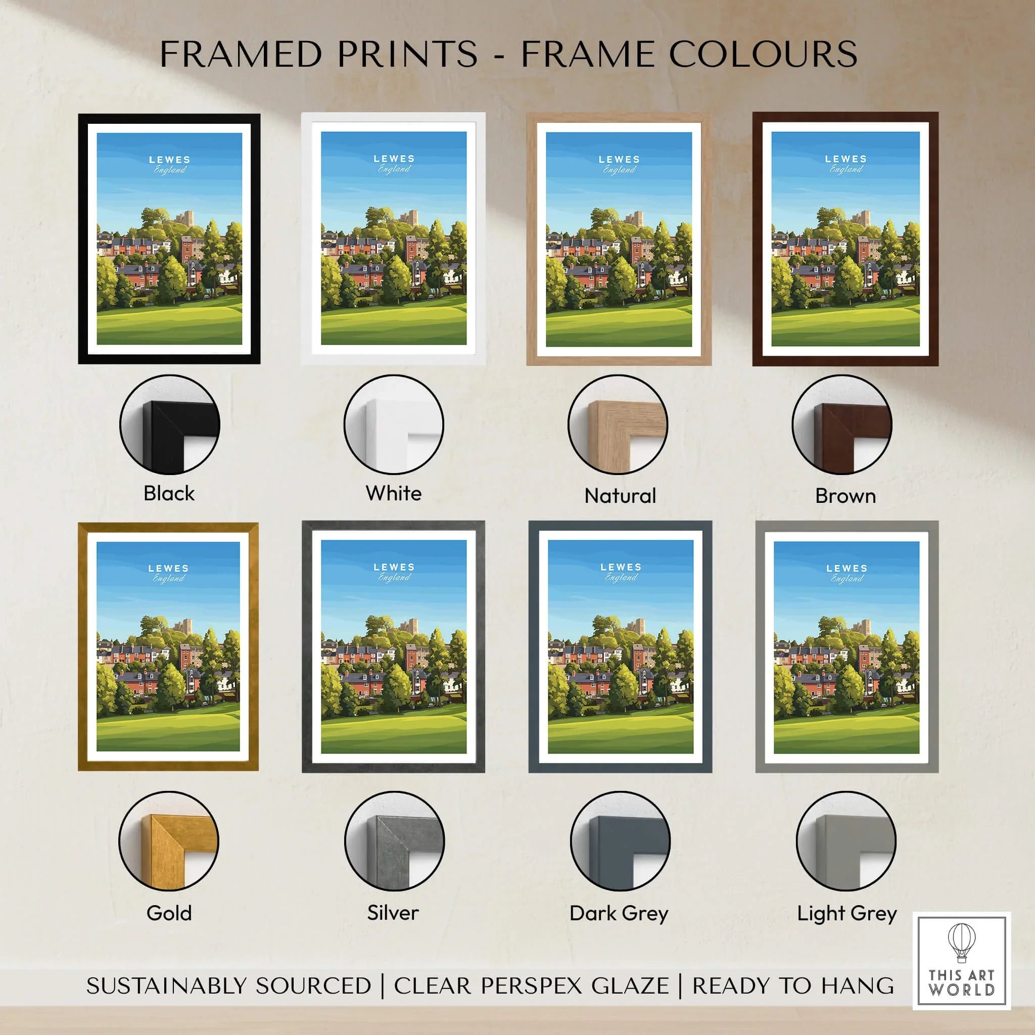 Lewes England travel poster print with eight different frame color options displayed on a wall.