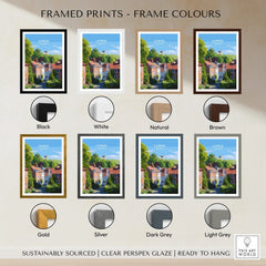 Lewes travel poster framed print with eight frame color options: black, white, natural, brown, gold, silver, dark grey, and light grey.