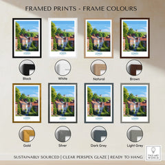 Lewes travel poster print in eight frame color options, including black, white, natural, brown, gold, silver, dark grey, and light grey.