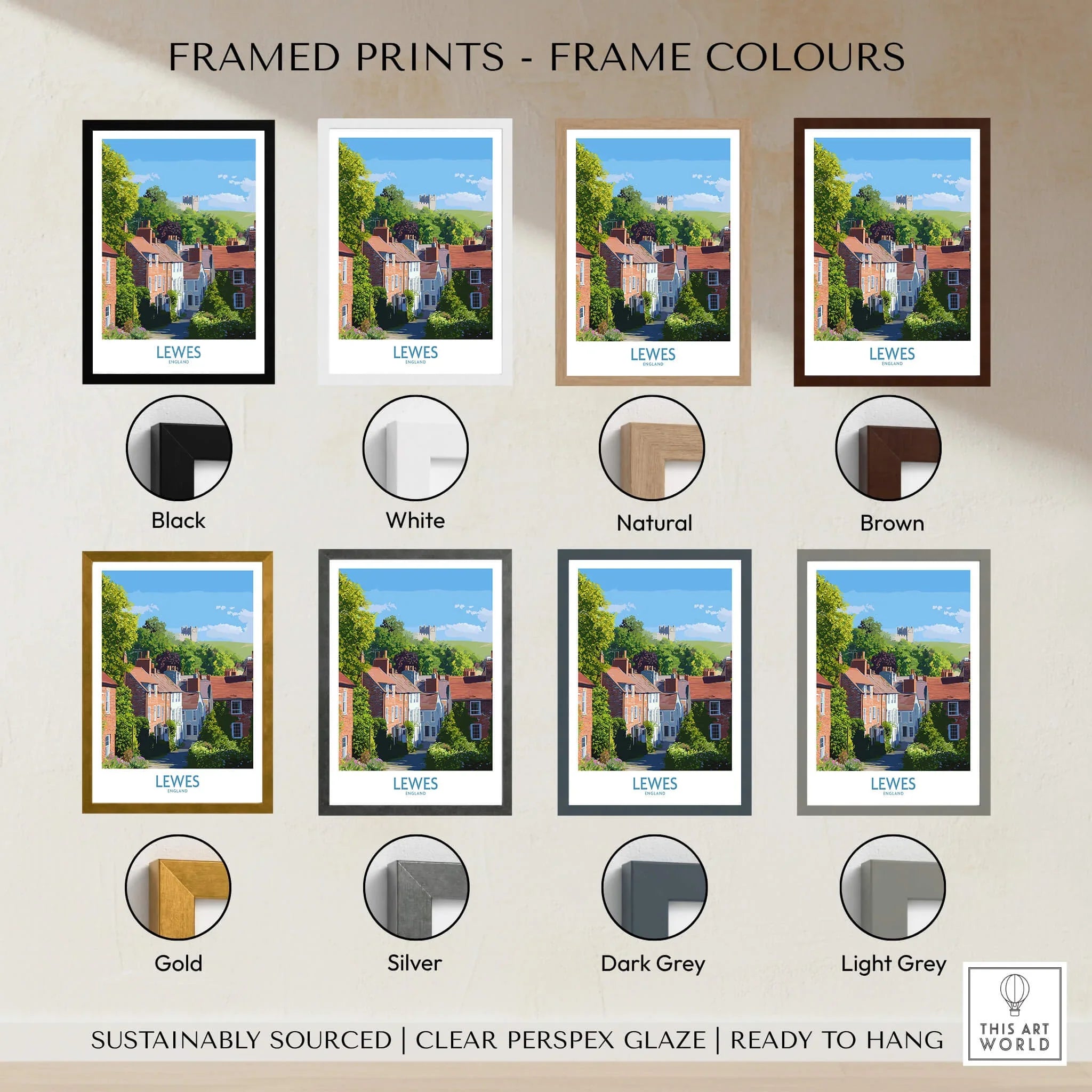 Lewes travel poster print in eight frame color options, including black, white, natural, brown, gold, silver, dark grey, and light grey.
