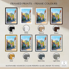 Lewes travel poster framed print with eight different frame color options displayed