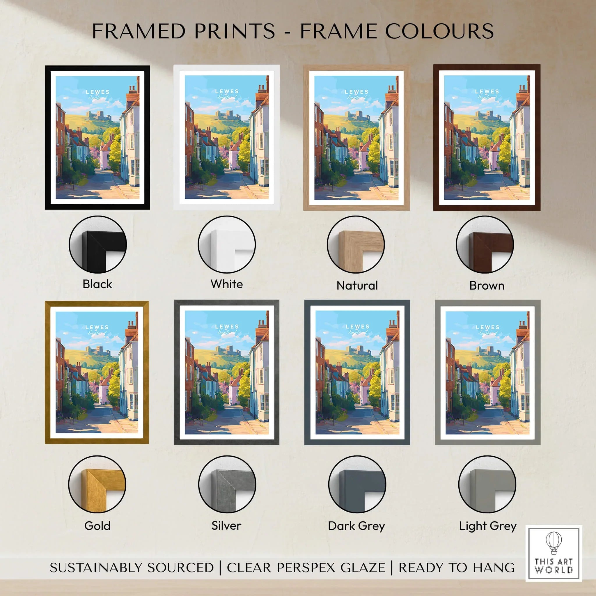 Lewes travel poster framed print with eight different frame color options displayed