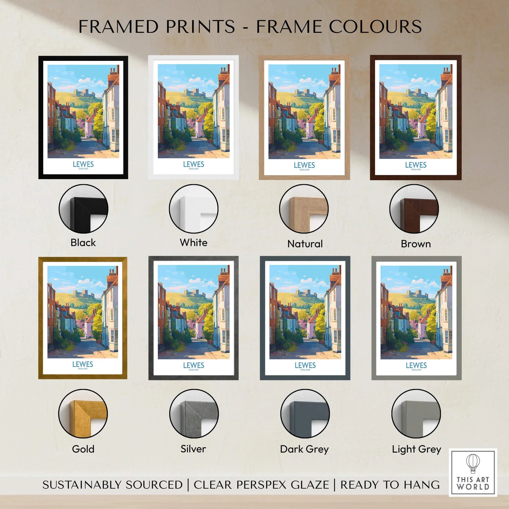 Lewes travel poster wall art in various frame colours: black, white, natural, brown, gold, silver, dark grey, and light grey.