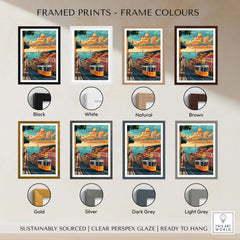 Framed Lisbon Travel Poster options in various colors and styles, including black, white, natural, and brown frames.