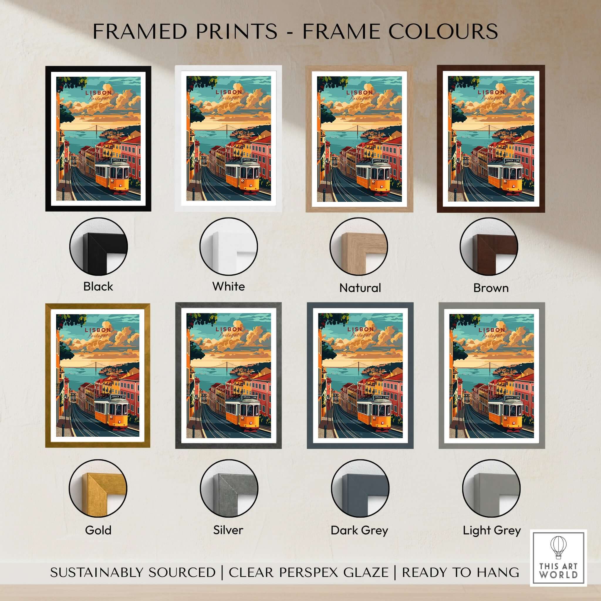 Framed Lisbon Travel Poster options in various colors and styles, including black, white, natural, and brown frames.