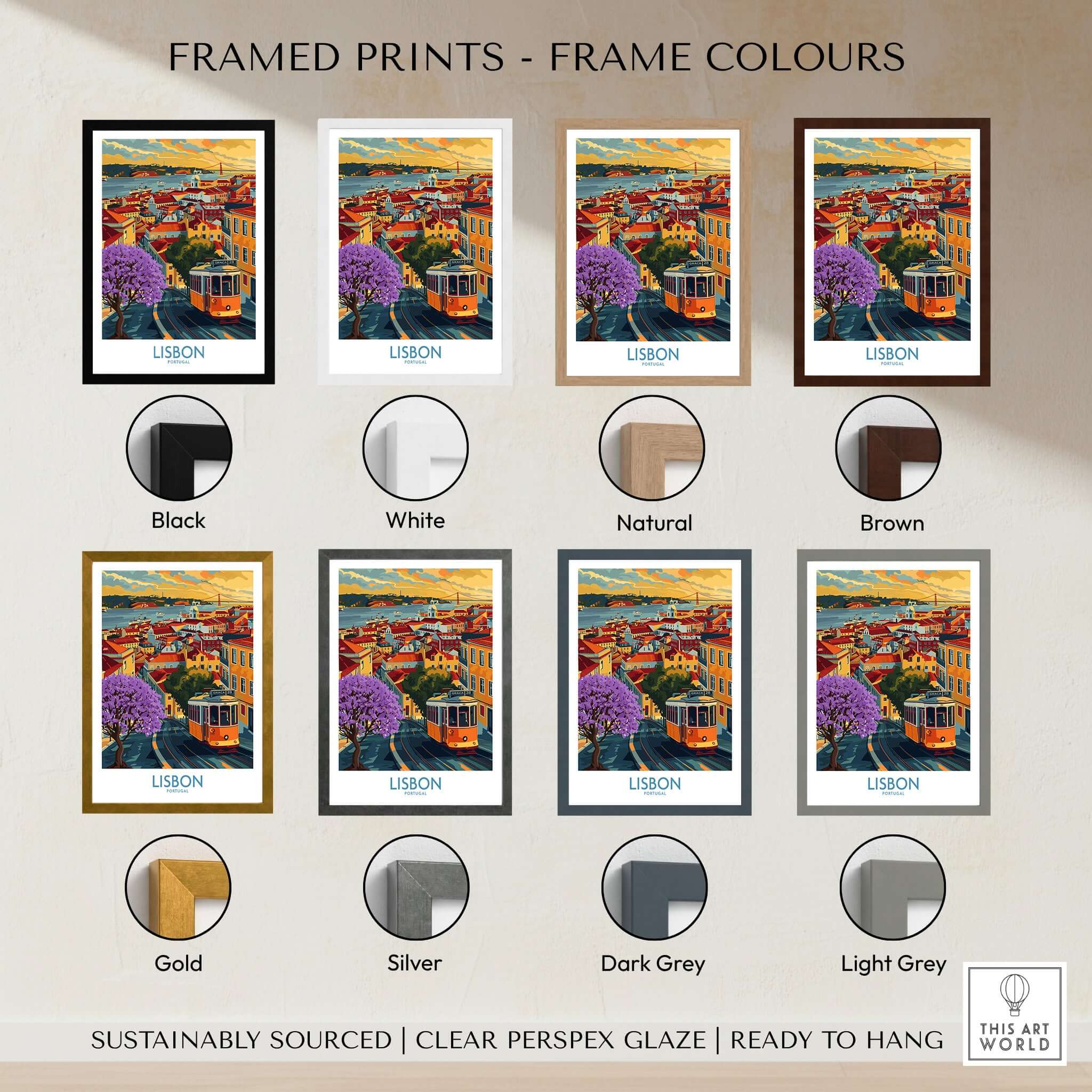 Lisbon Art Print framed in various colors including black, white, natural, and brown, showcasing Jacaranda trees.