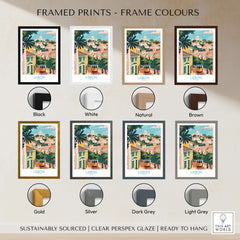 Framed Lisbon Art Travel Print options in various colors including black, white, natural, brown, gold, silver, dark grey, and light grey.