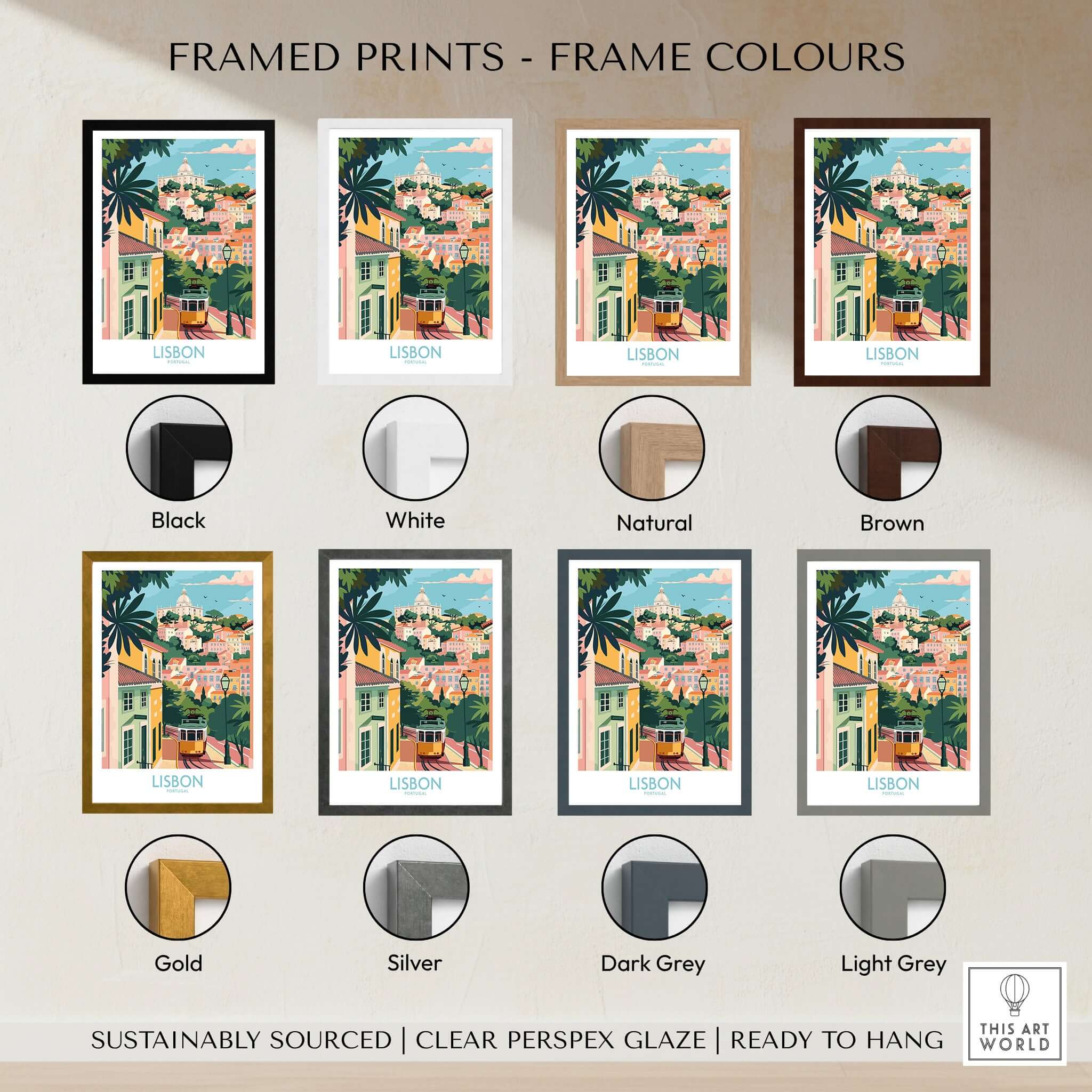 Framed Lisbon Art Travel Print options in various colors including black, white, natural, brown, gold, silver, dark grey, and light grey.