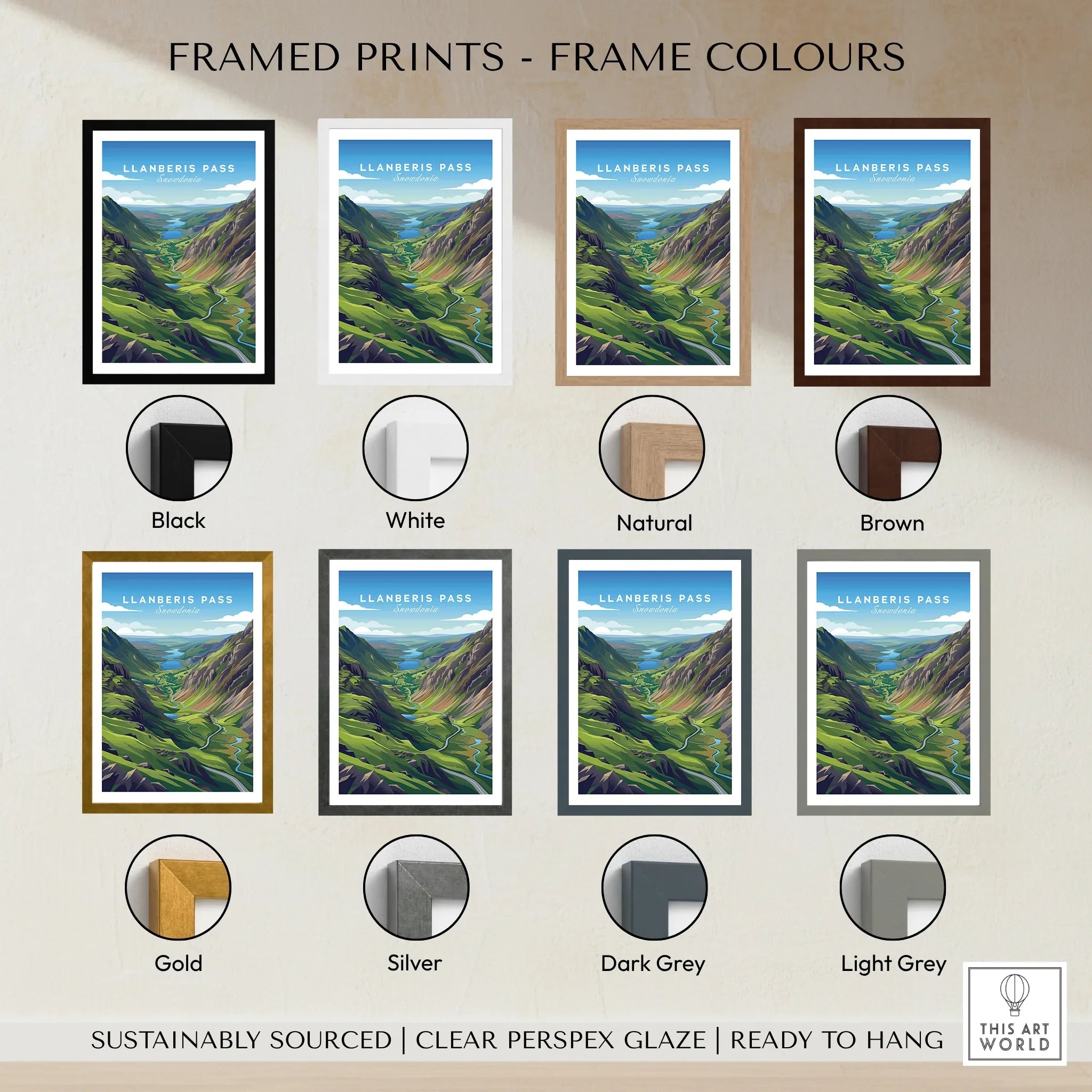 Llanberis Pass landscape art print in eight frame colours, wall art options