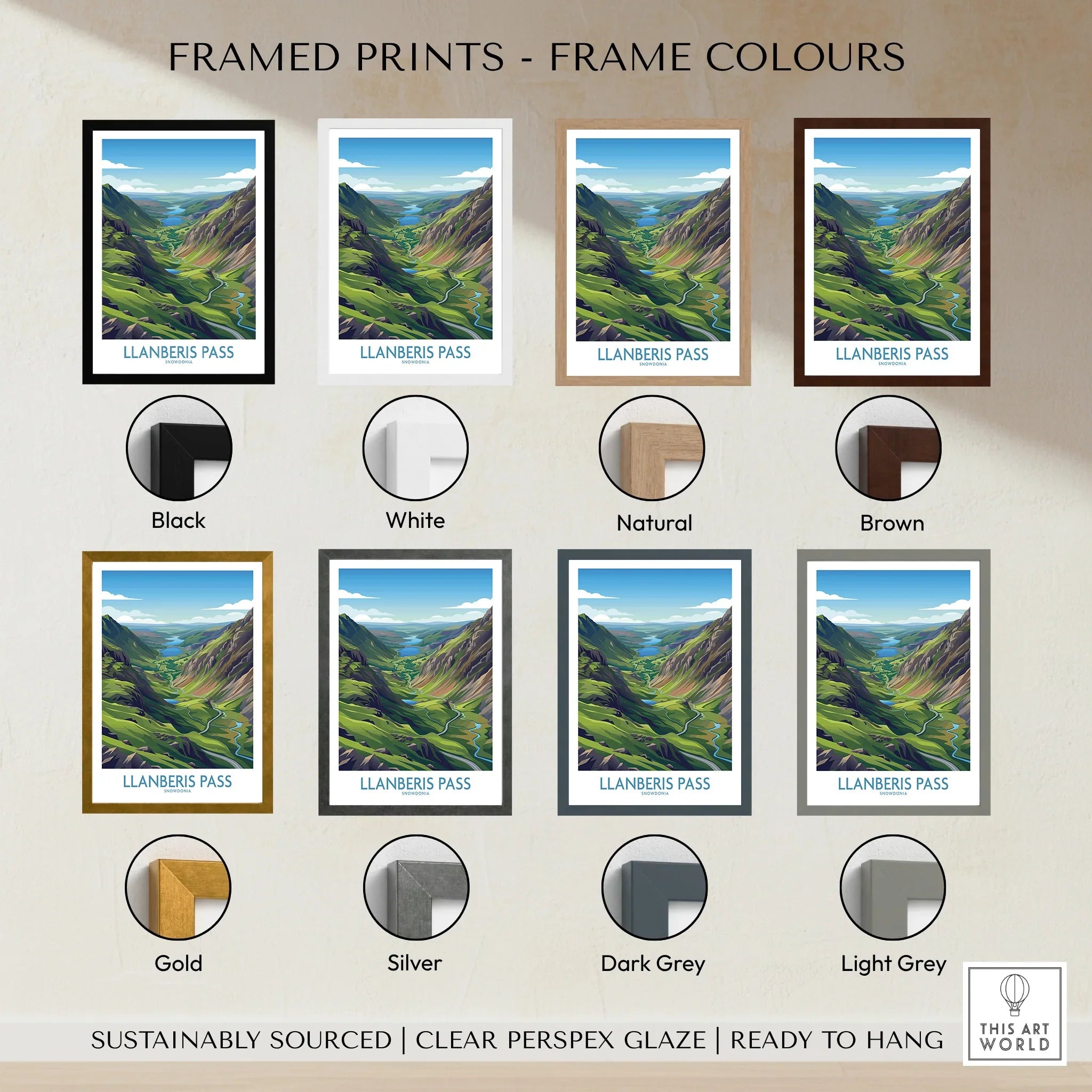 Llanberis Pass framed art print with eight frame color options, mountain landscape wall decor.