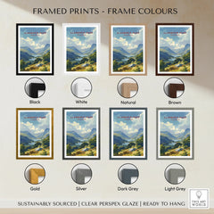 Llanberis Pass travel poster print in eight frame color options, showing a scenic mountain landscape.