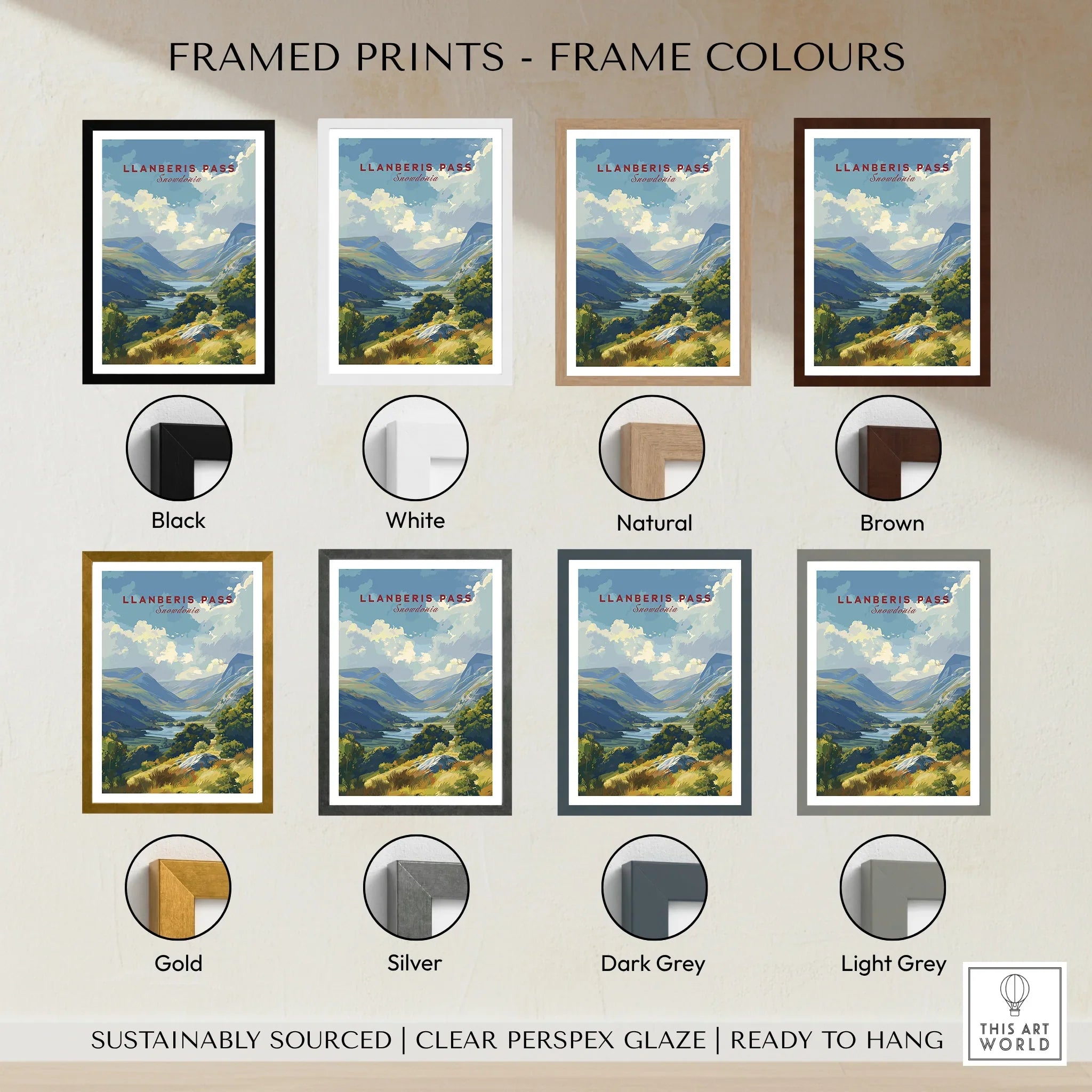 Llanberis Pass travel poster print in eight frame color options, showing a scenic mountain landscape.