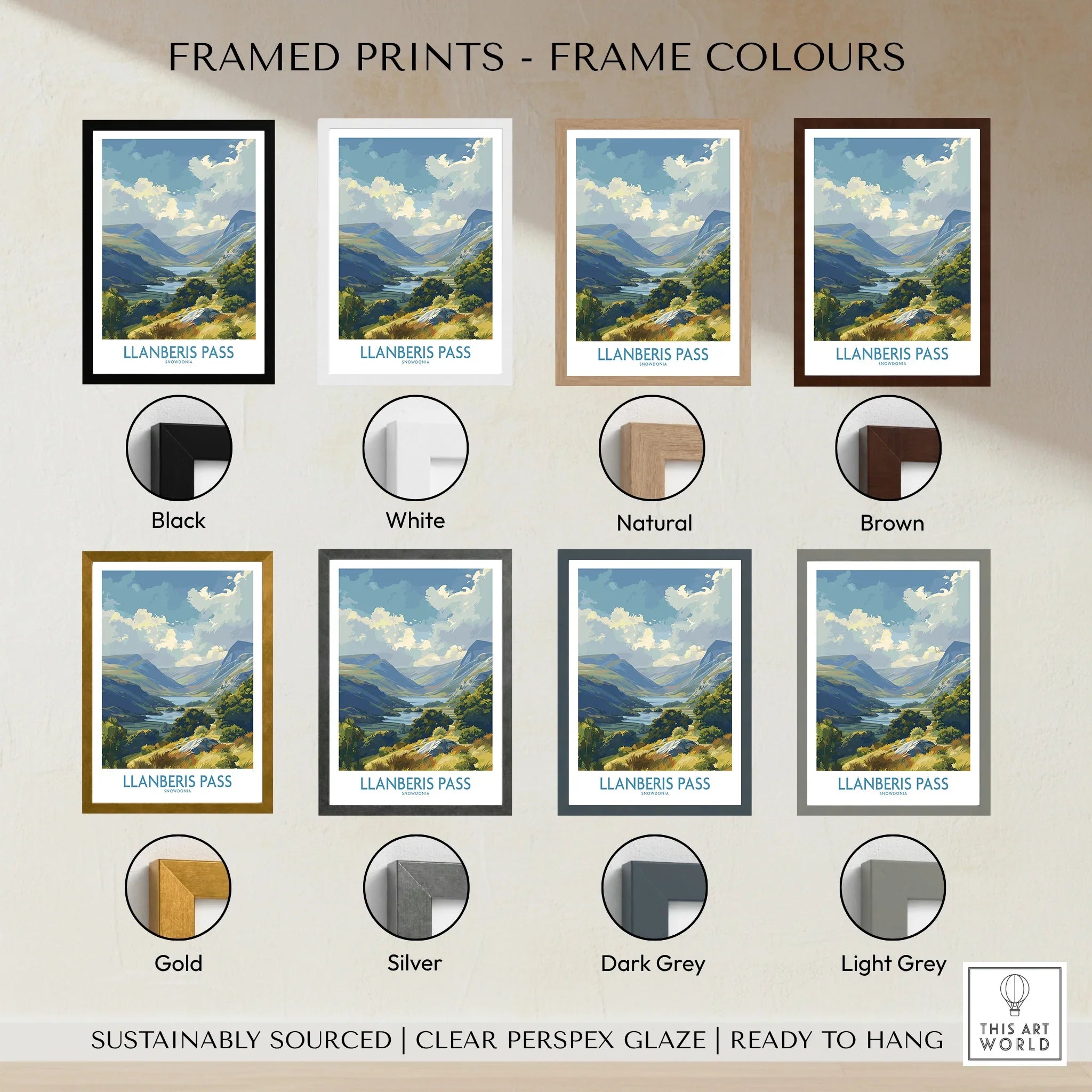 Llanberis Pass art print wall decor in eight frame colours: black, white, natural, brown, gold, silver, dark grey, light grey.