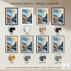 Llanberis Pass travel poster wall art in eight frame color options, including black, white, natural, brown, gold, silver, dark grey, and light grey.