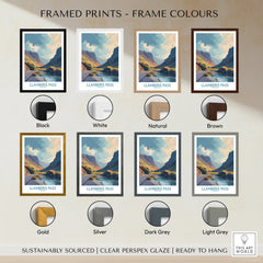 Llanberis Pass art print shown with eight frame color options including black, white, natural, brown, gold, silver, dark grey, and light grey.