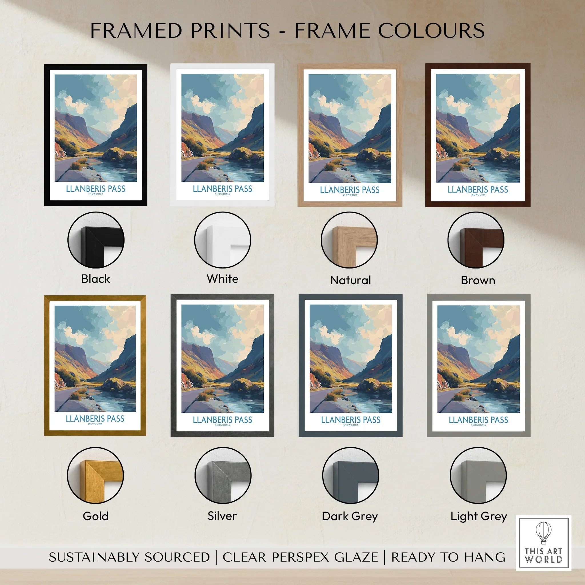 Llanberis Pass art print shown with eight frame color options including black, white, natural, brown, gold, silver, dark grey, and light grey.