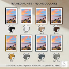 Llandudno travel art print shown with eight frame color options, wall art decor.