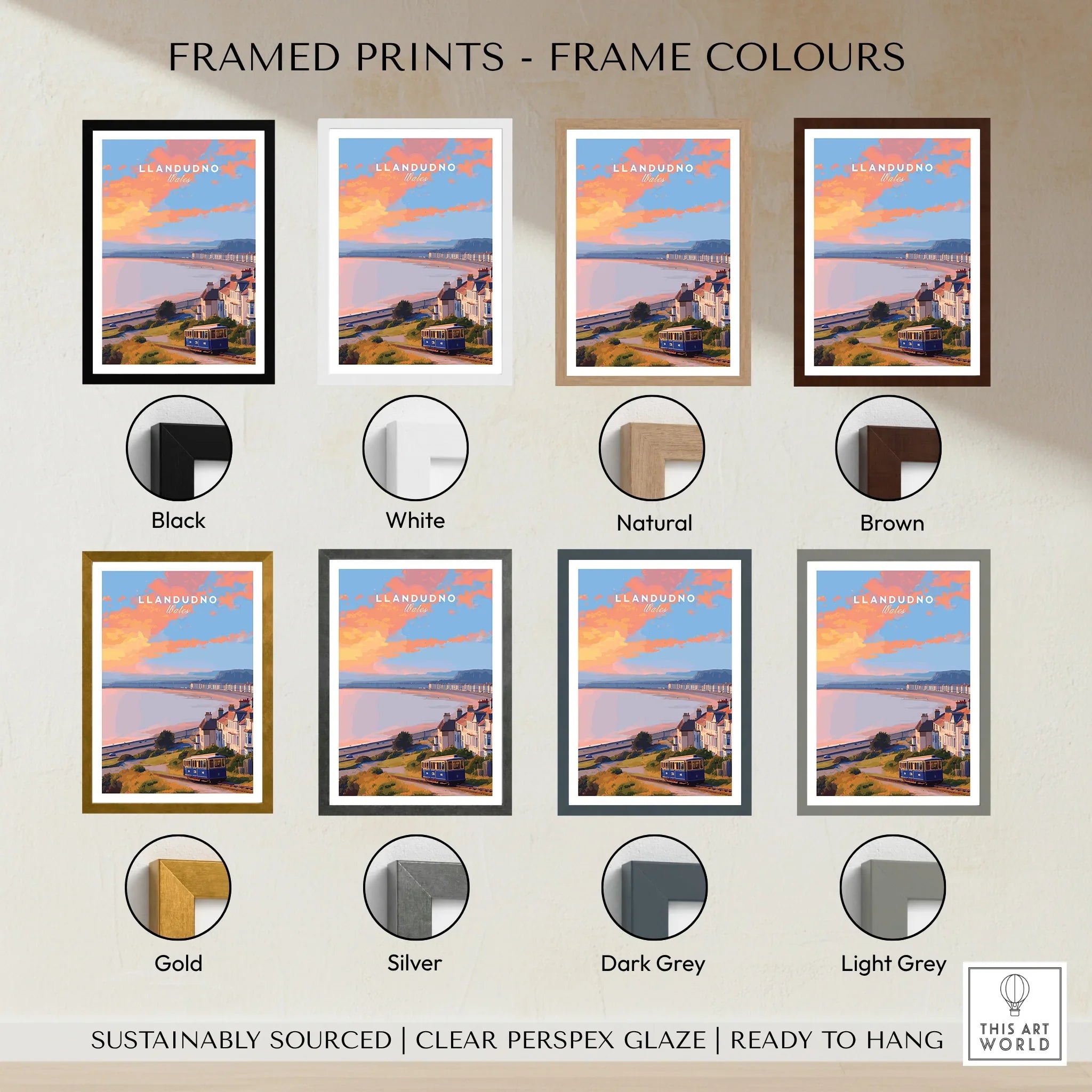 Llandudno travel art print shown with eight frame color options, wall art decor.