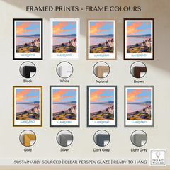 Llandudno travel print wall art with 8 frame color options: black, white, natural, brown, gold, silver, dark grey, light grey.