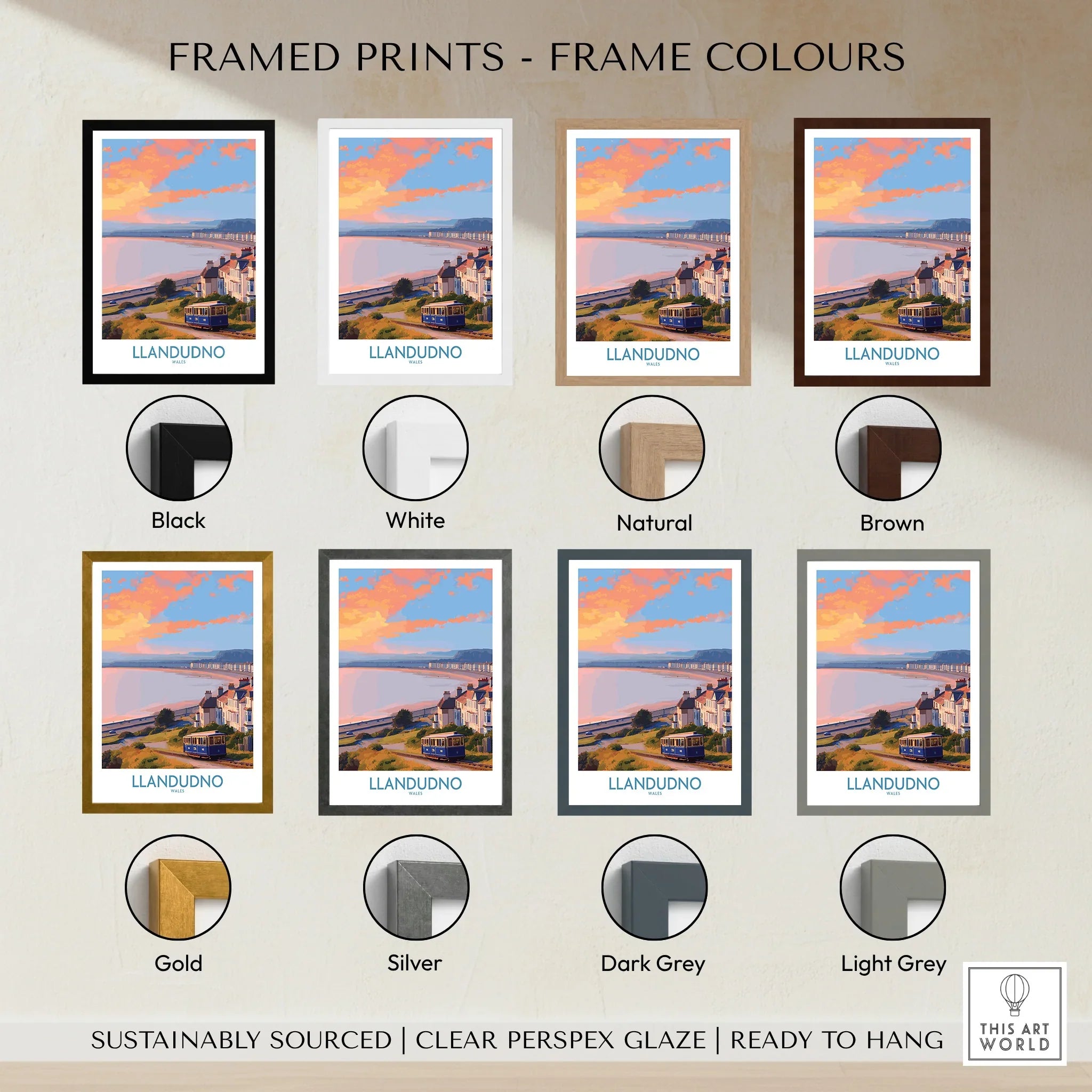 Llandudno travel print wall art with 8 frame color options: black, white, natural, brown, gold, silver, dark grey, light grey.