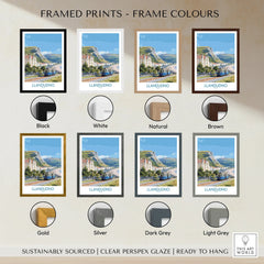 Llandudno travel poster framed print shown in black, white, natural, brown, gold, silver, dark grey, and light grey frame options, with vintage style wall art featuring a scenic coastal landscape.